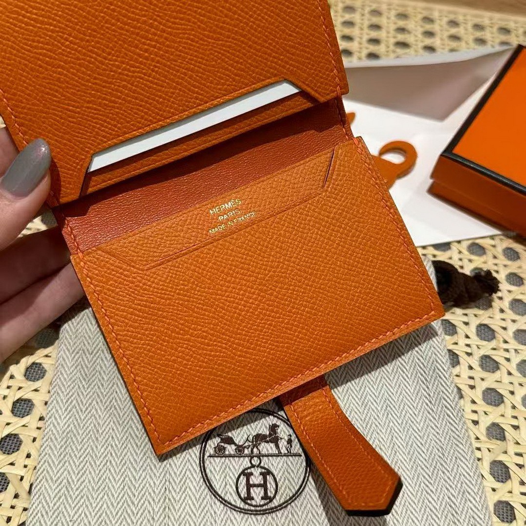 Hermes Bearn Mini Wallet Card Holder Handmade In Epsom Calfskin Leather Gold Hardware 93 Orange - Image 4