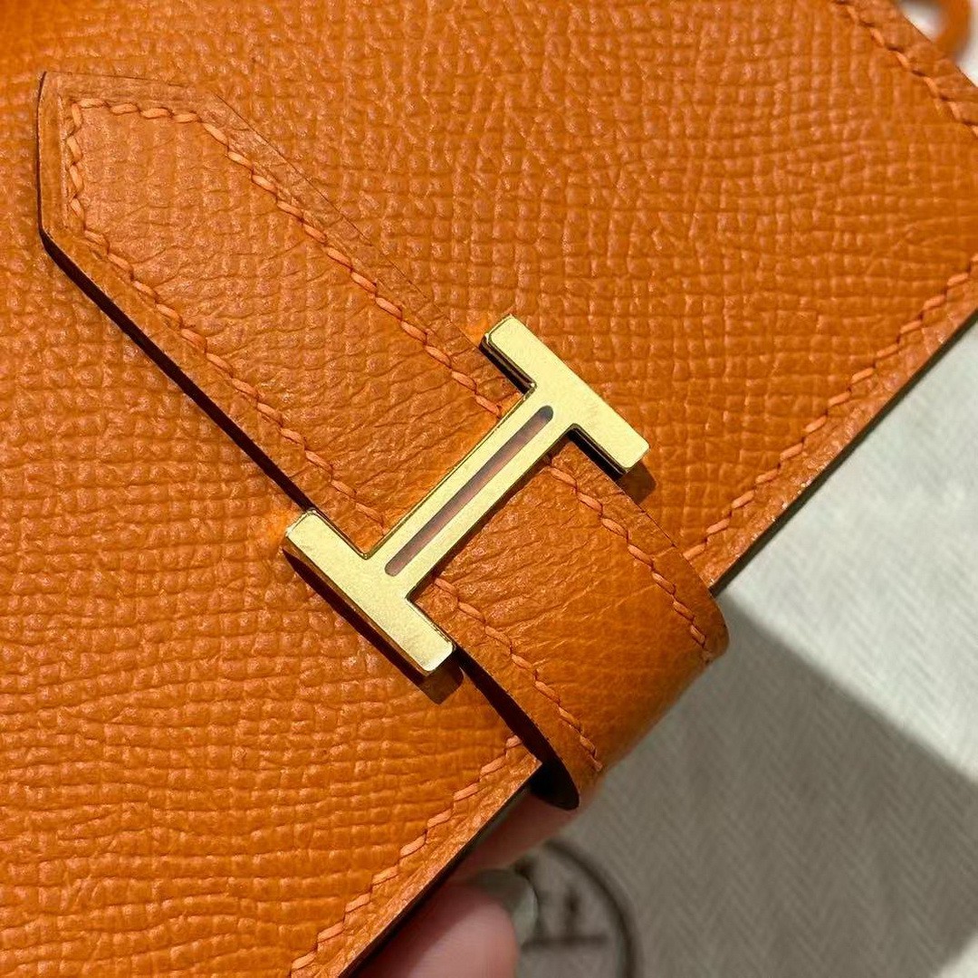 Hermes Bearn Mini Wallet Card Holder Handmade In Epsom Calfskin Leather Gold Hardware 93 Orange - Image 3