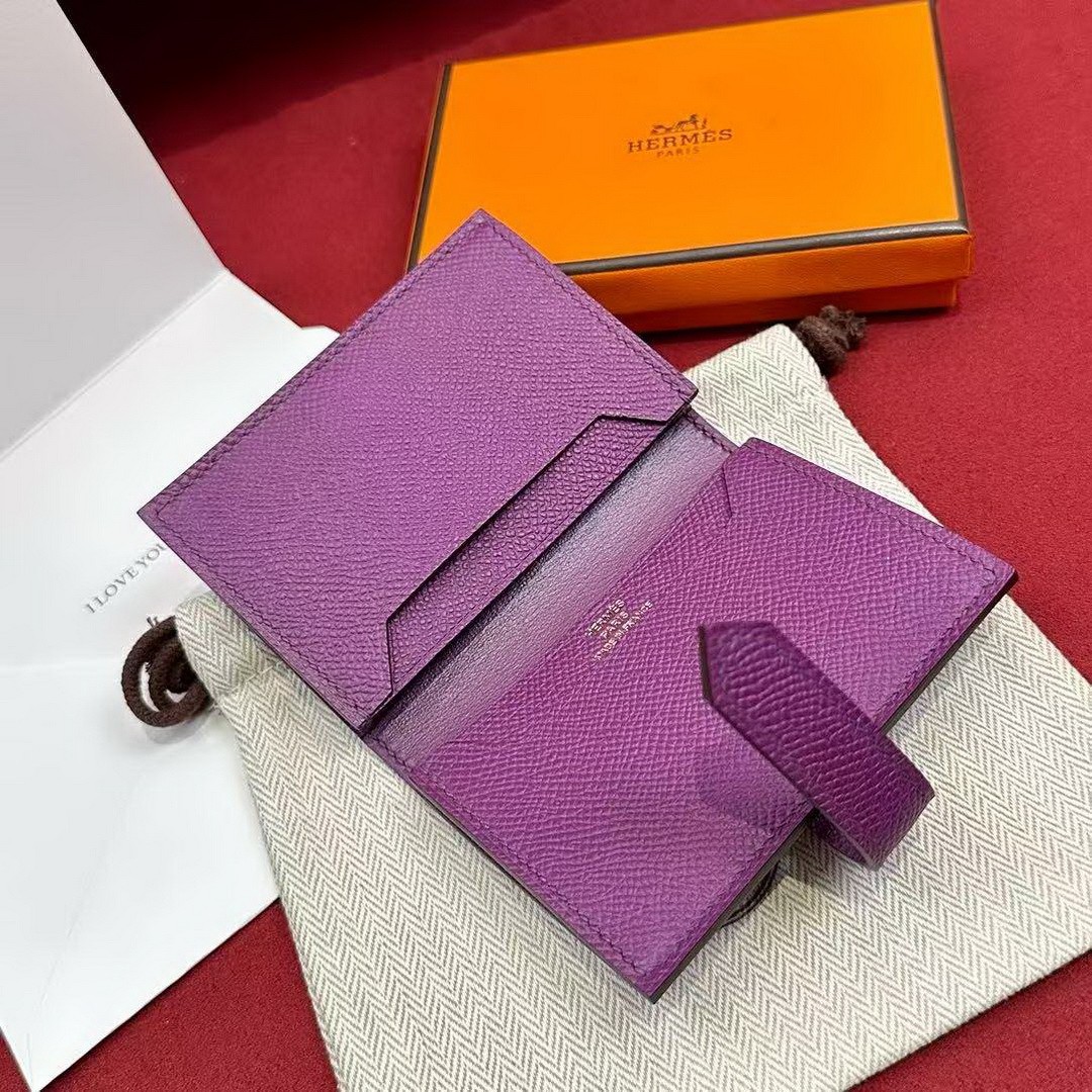 Hermes Bearn Mini Wallet Card Holder Handmade In Epsom Calfskin Leather Gold Hardware P9 Anemone - Image 5