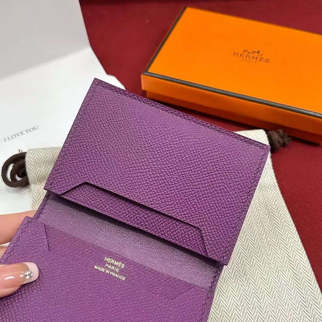 Hermes Bearn Mini Wallet Card Holder Handmade In Epsom Calfskin Leather Gold Hardware P9 Anemone - Image 4