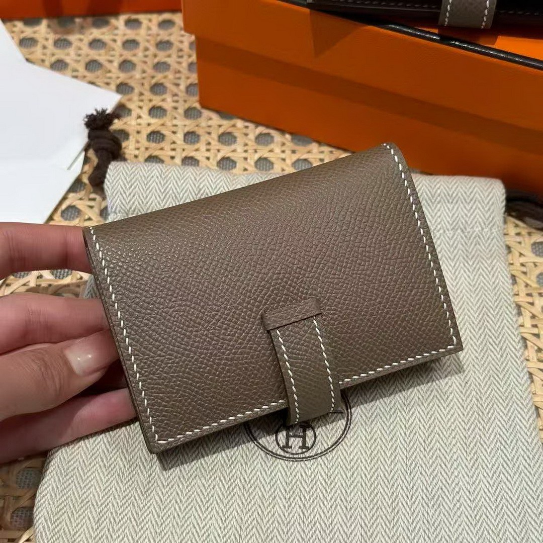 Hermes Bearn Mini Wallet Card Holder Handmade In Epsom Calfskin Leather Gold Hardware ck18 Etoupe - Image 2
