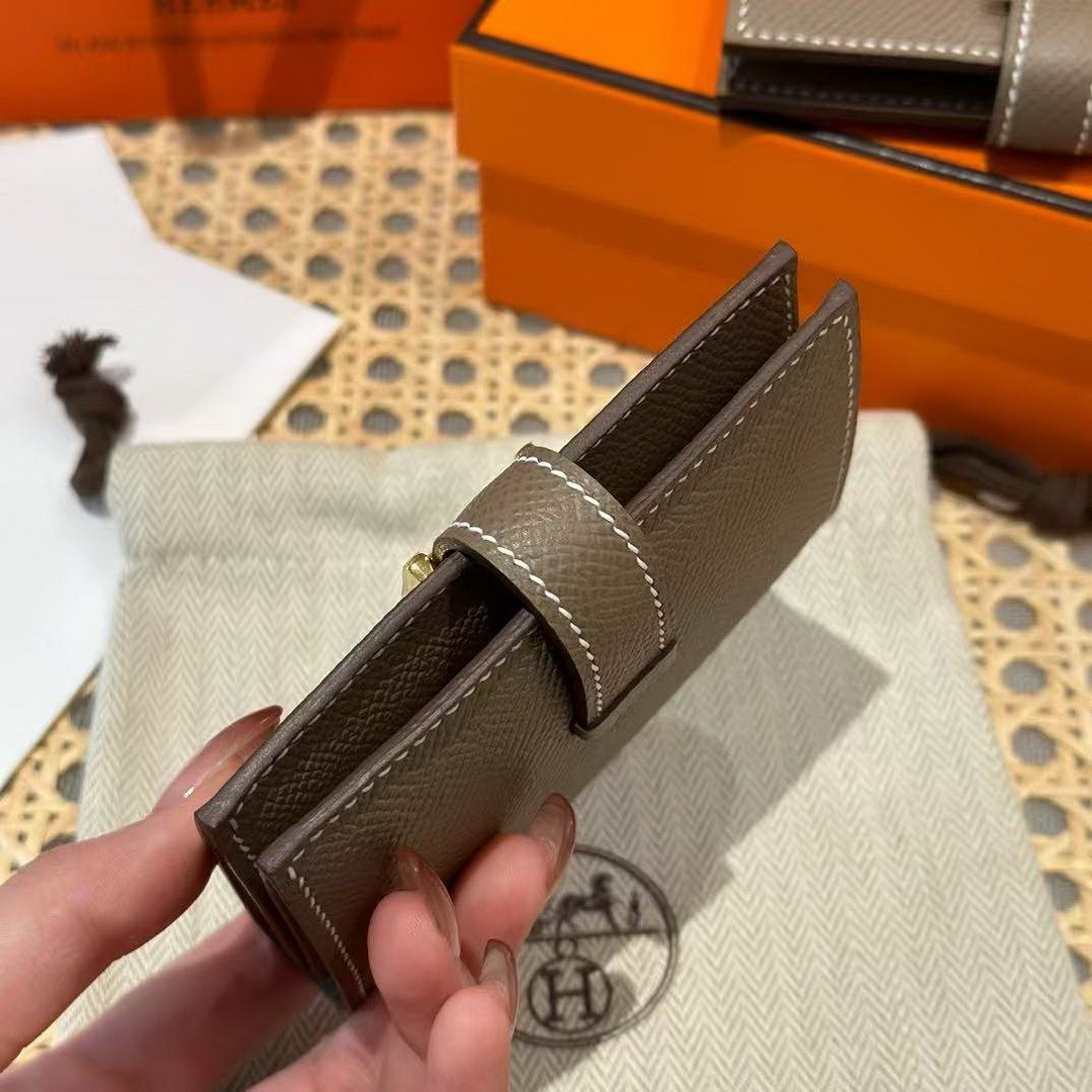 Hermes Bearn Mini Wallet Card Holder Handmade In Epsom Calfskin Leather Gold Hardware ck18 Etoupe - Image 11