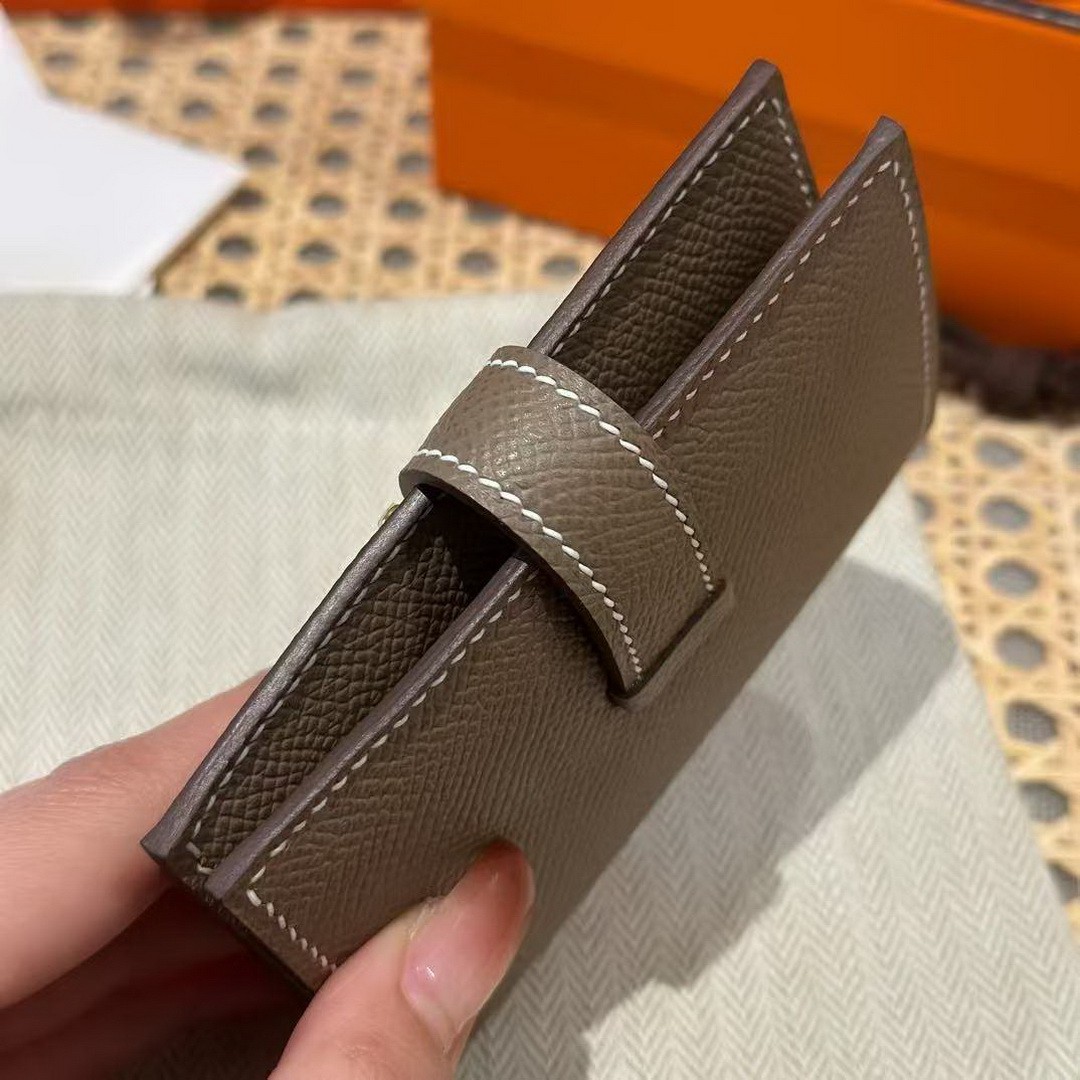 Hermes Bearn Mini Wallet Card Holder Handmade In Epsom Calfskin Leather Gold Hardware ck18 Etoupe - Image 4