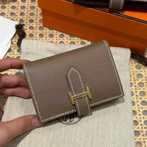 Hermes Bearn Mini Wallet Card Holder Handmade In Epsom Calfskin Leather Gold Hardware ck18 Etoupe