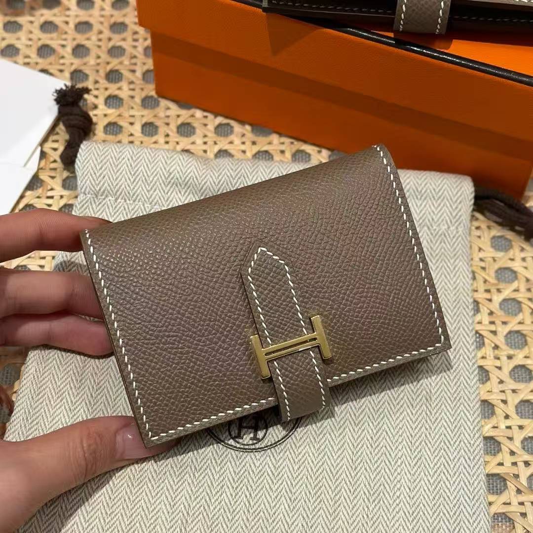 Hermes Bearn Mini Wallet Card Holder Handmade In Epsom Calfskin Leather Gold Hardware ck18 Etoupe