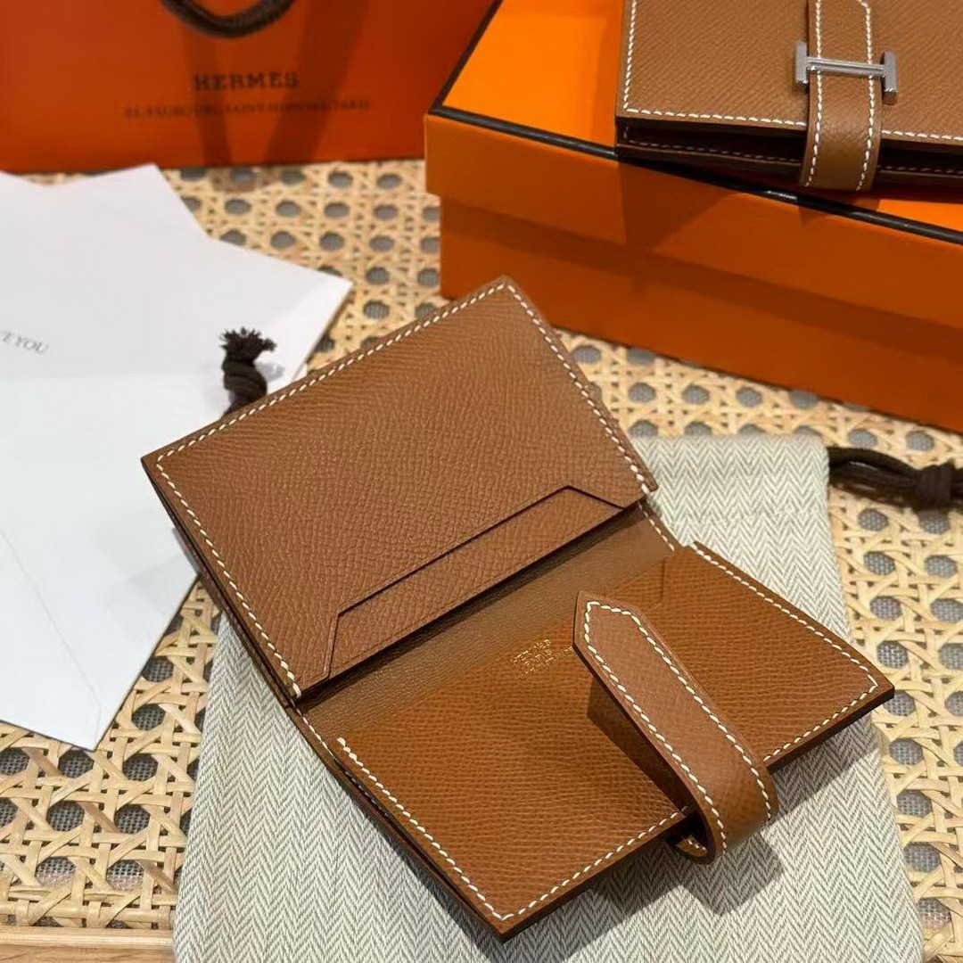 Hermes Bearn Mini Wallet Card Holder Handmade In Epsom Calfskin Leather Gold Hardware ck37 Gold - Image 9