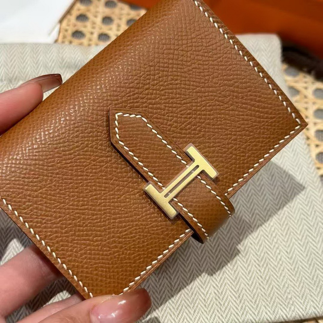 Hermes Bearn Mini Wallet Card Holder Handmade In Epsom Calfskin Leather Gold Hardware ck37 Gold - Image 7
