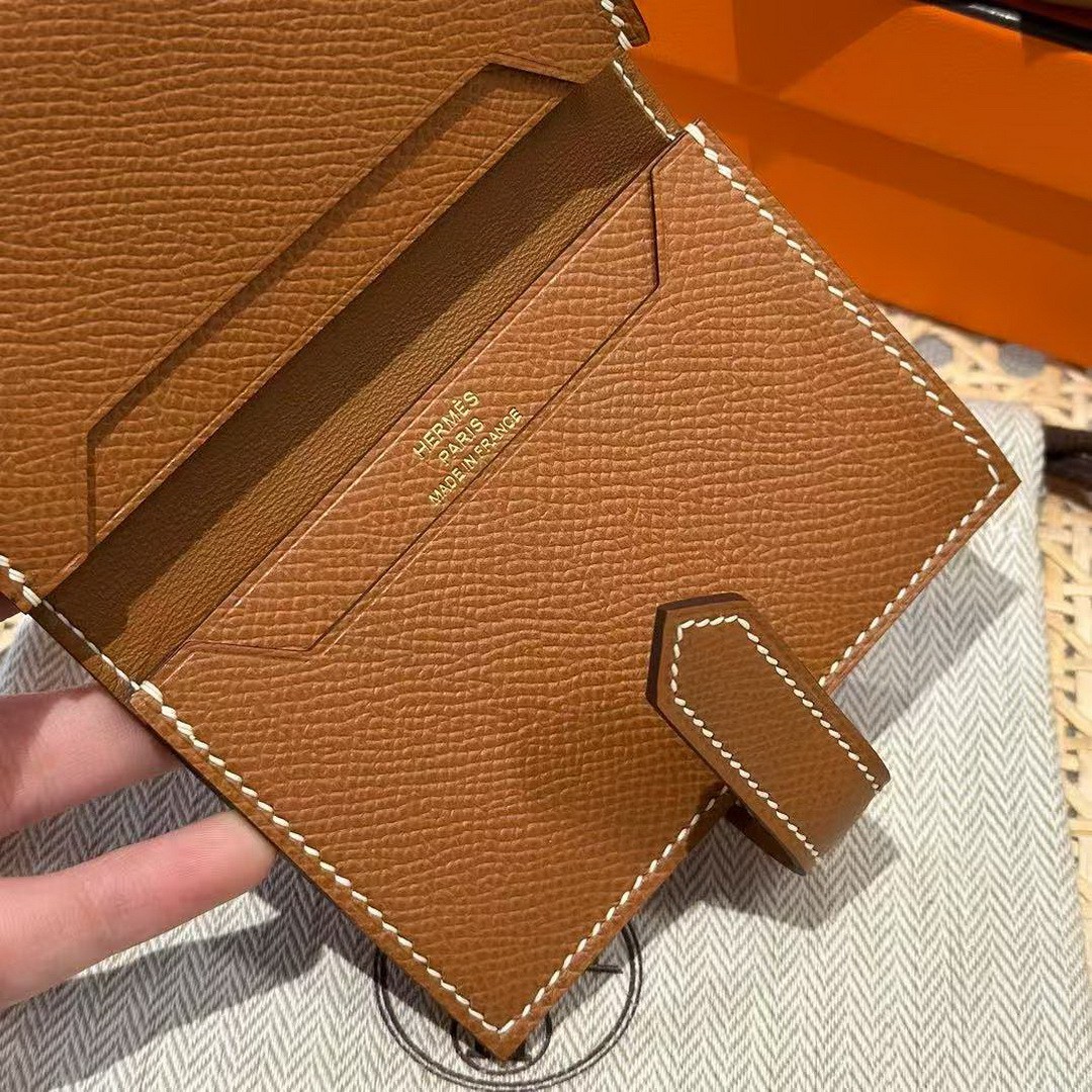 Hermes Bearn Mini Wallet Card Holder Handmade In Epsom Calfskin Leather Gold Hardware ck37 Gold - Image 5