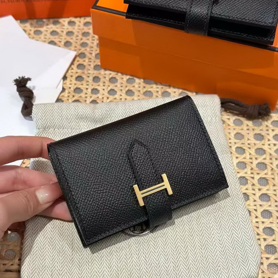 Hermes Bearn Mini Wallet Card Holder Handmade In Epsom Calfskin Leather Gold Hardware ck89 Noir