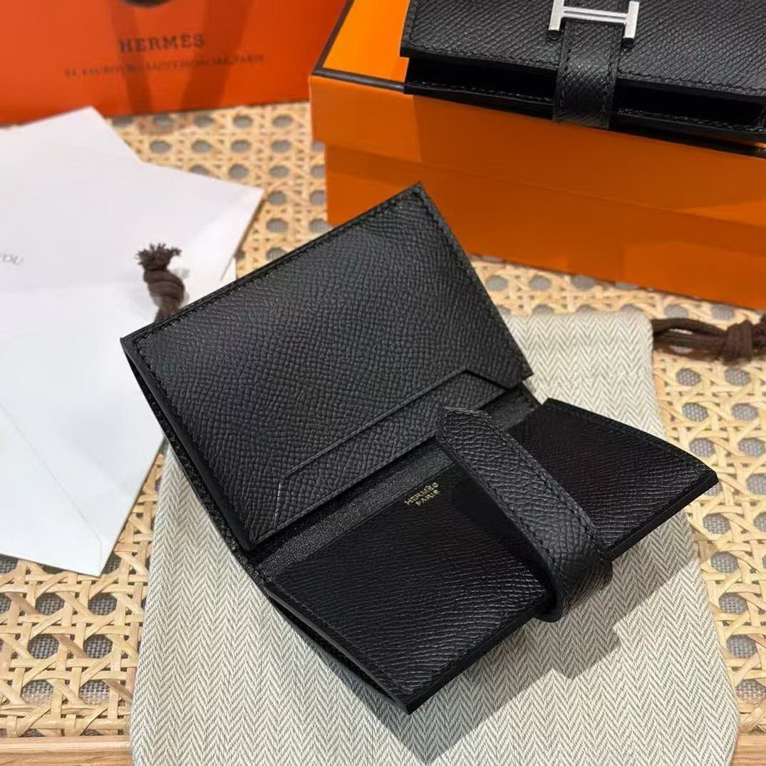 Hermes Bearn Mini Wallet Card Holder Handmade In Epsom Calfskin Leather Gold Hardware ck89 Noir - Image 9