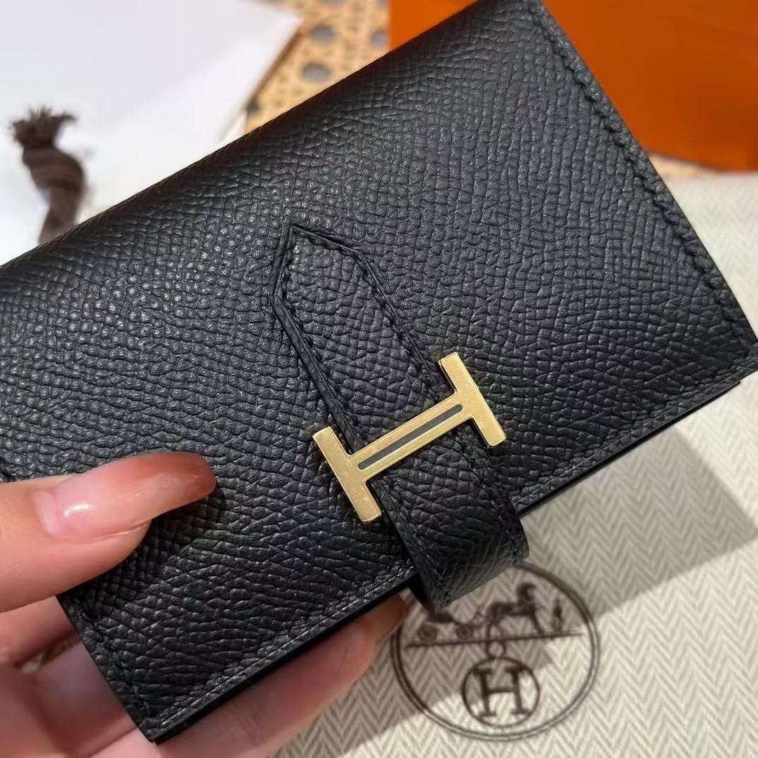 Hermes Bearn Mini Wallet Card Holder Handmade In Epsom Calfskin Leather Gold Hardware ck89 Noir - Image 7