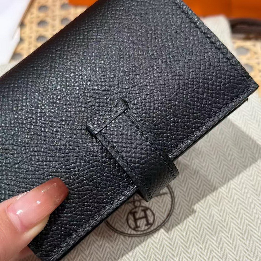 Hermes Bearn Mini Wallet Card Holder Handmade In Epsom Calfskin Leather Gold Hardware ck89 Noir - Image 6