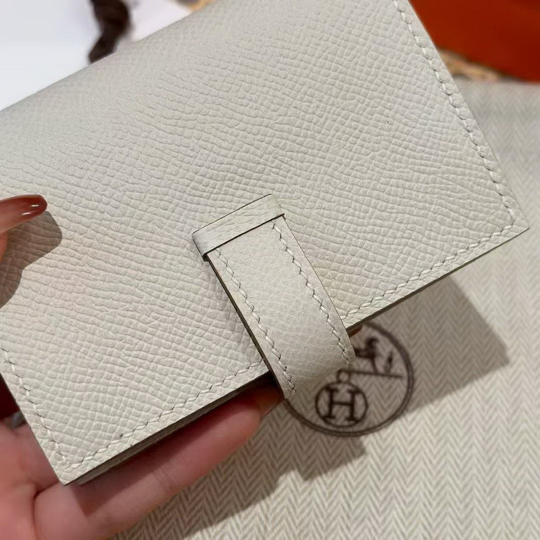 Hermes Bearn Mini Wallet Card Holder Handmade In Epsom Calfskin Leather Silver Hardware ck10 Craie - Image 13