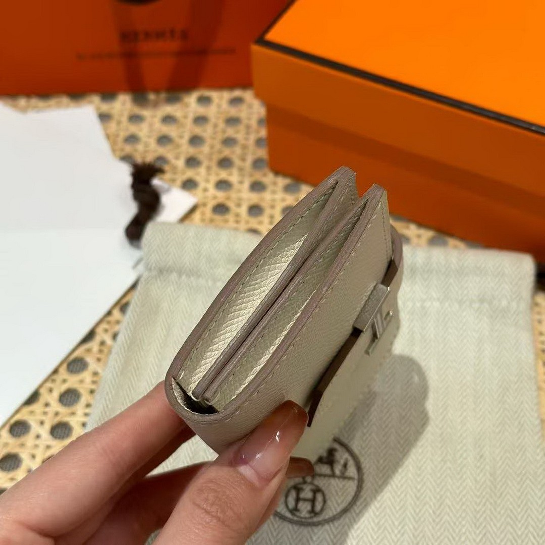 Hermes Bearn Mini Wallet Card Holder Handmade In Epsom Calfskin Leather Silver Hardware ck10 Craie - Image 12