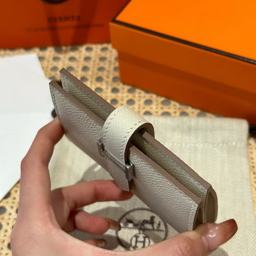 Hermes Bearn Mini Wallet Card Holder Handmade In Epsom Calfskin Leather Silver Hardware ck10 Craie - Image 10
