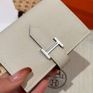 Hermes Bearn Mini Wallet Card Holder Handmade In Epsom Calfskin Leather Silver Hardware ck10 Craie - Image 9