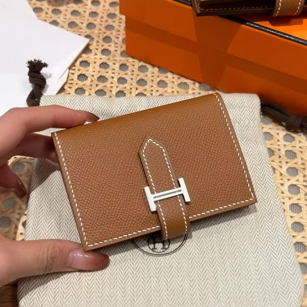 Hermes Bearn Mini Wallet Card Holder Handmade In Epsom Calfskin Leather Silver Hardware ck37 Gold