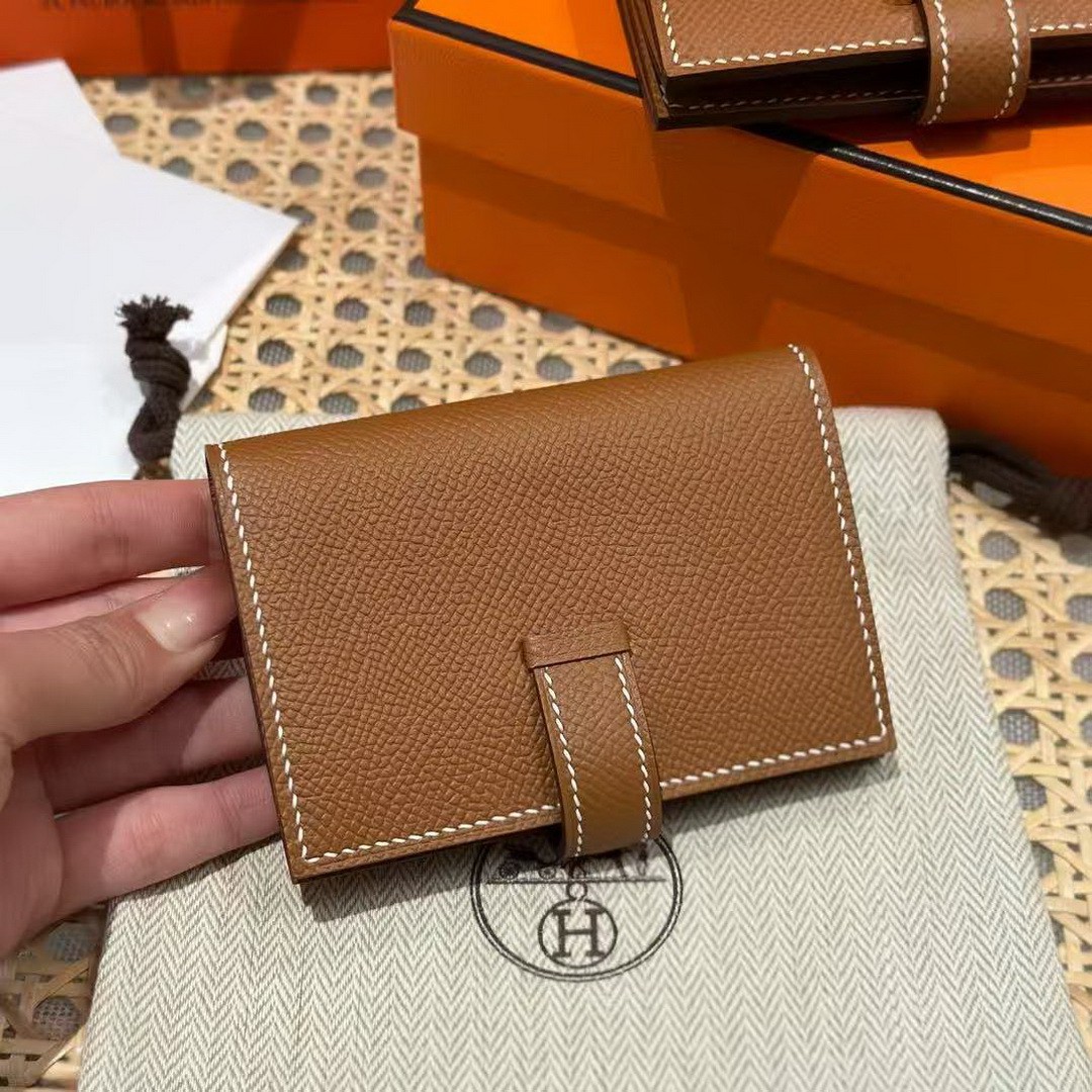 Hermes Bearn Mini Wallet Card Holder Handmade In Epsom Calfskin Leather Silver Hardware ck37 Gold - Image 2