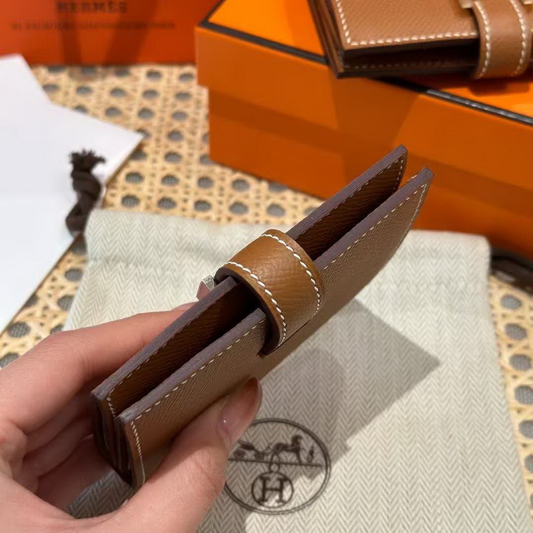 Hermes Bearn Mini Wallet Card Holder Handmade In Epsom Calfskin Leather Silver Hardware ck37 Gold - Image 12
