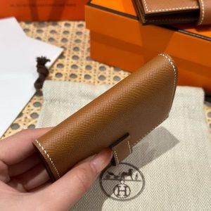Hermes Bearn Mini Wallet Card Holder Handmade In Epsom Calfskin Leather Silver Hardware ck37 Gold - Image 11