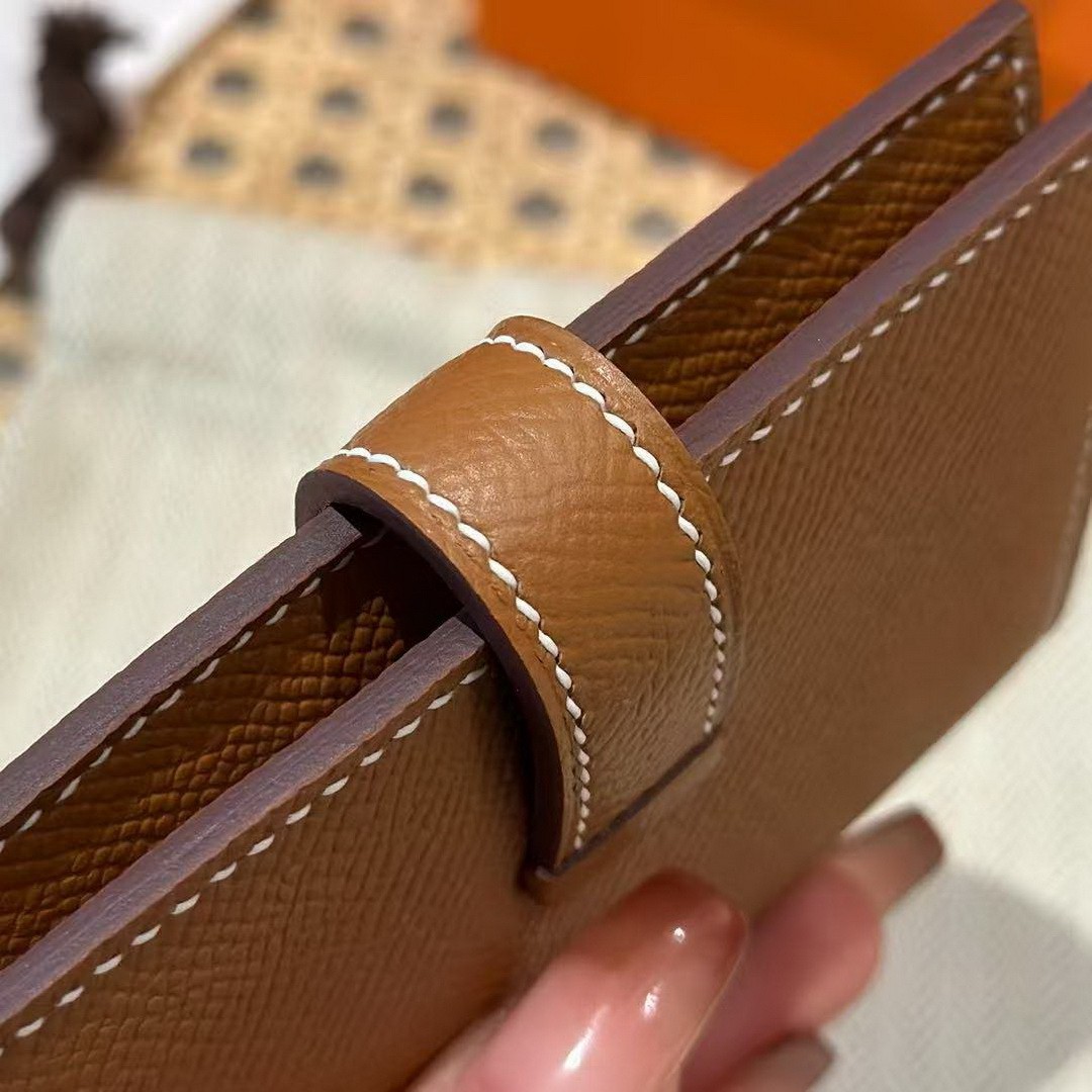 Hermes Bearn Mini Wallet Card Holder Handmade In Epsom Calfskin Leather Silver Hardware ck37 Gold - Image 10