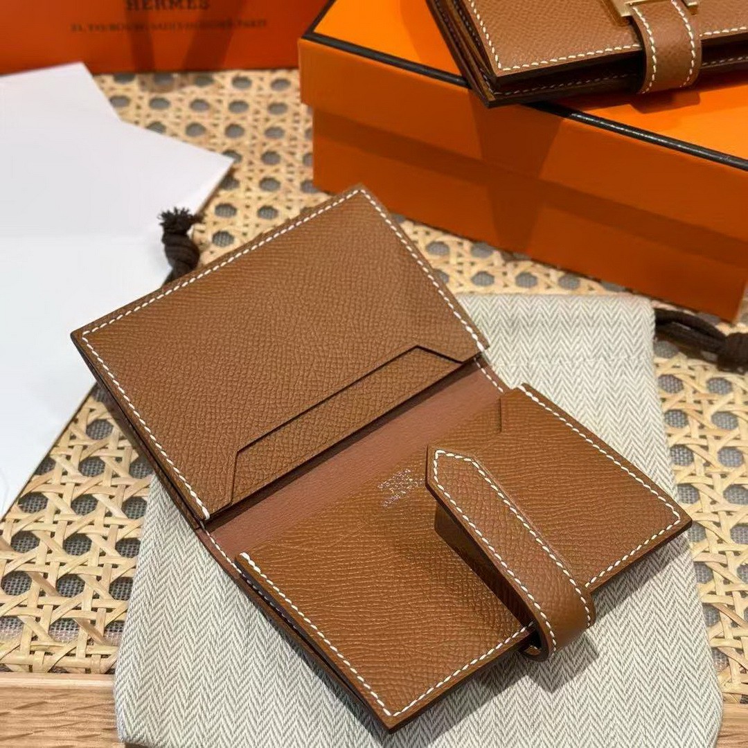 Hermes Bearn Mini Wallet Card Holder Handmade In Epsom Calfskin Leather Silver Hardware ck37 Gold - Image 9