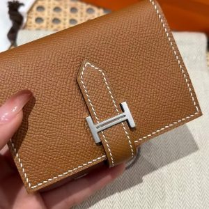 Hermes Bearn Mini Wallet Card Holder Handmade In Epsom Calfskin Leather Silver Hardware ck37 Gold - Image 7