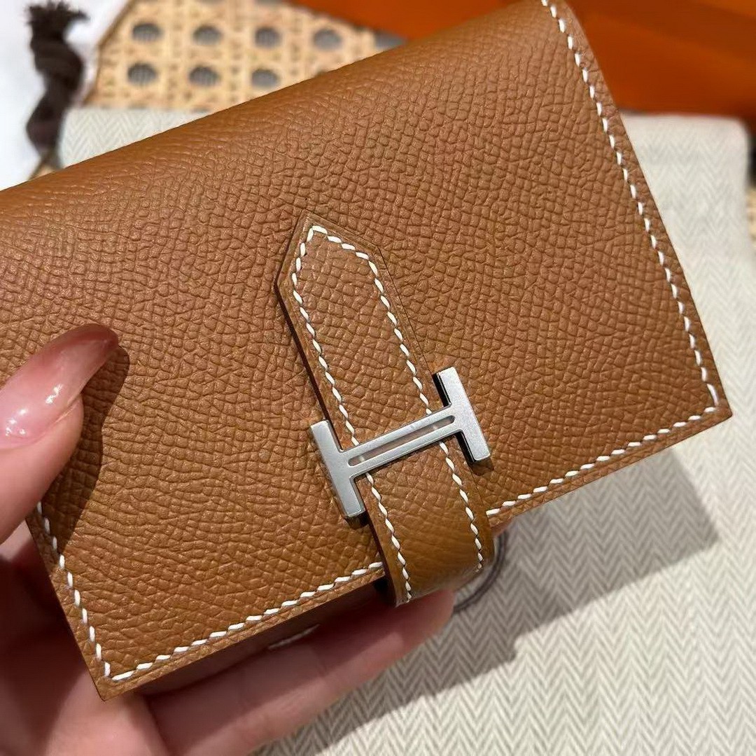 Hermes Bearn Mini Wallet Card Holder Handmade In Epsom Calfskin Leather Silver Hardware ck37 Gold - Image 7