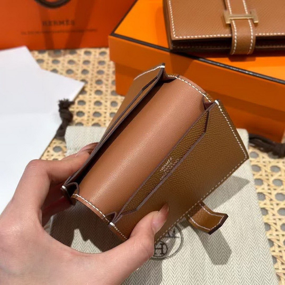 Hermes Bearn Mini Wallet Card Holder Handmade In Epsom Calfskin Leather Silver Hardware ck37 Gold - Image 4