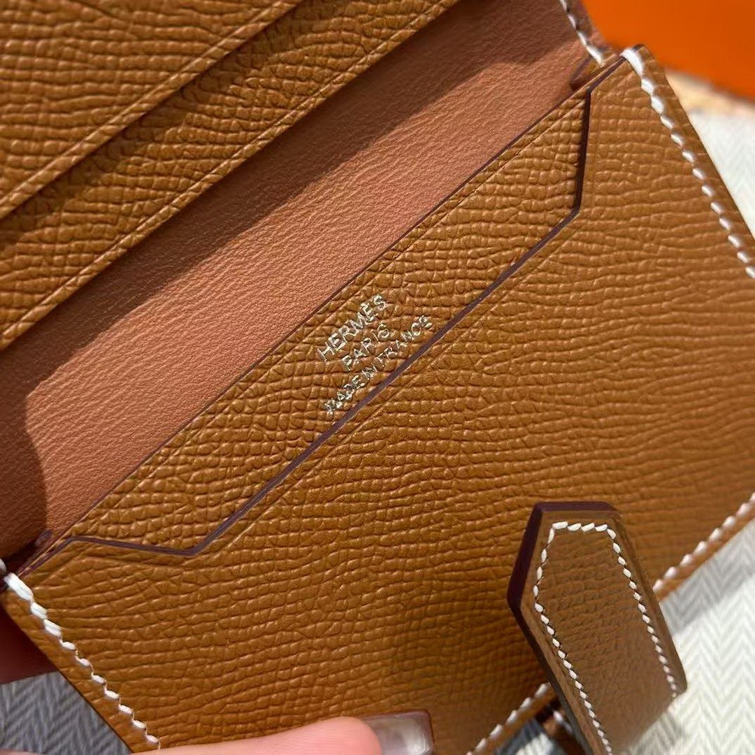 Hermes Bearn Mini Wallet Card Holder Handmade In Epsom Calfskin Leather Silver Hardware ck37 Gold - Image 3