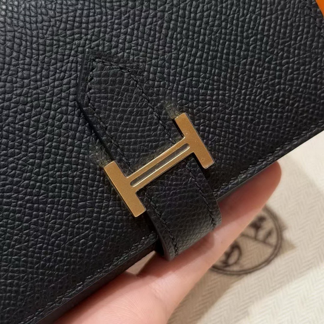 Hermes Bearn Wallet Handmade In Epsom Calfskin Leather Gold Hardware 89 Noir - Image 12