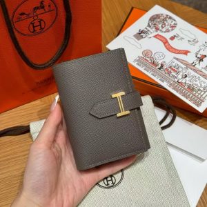 Hermes Bearn Wallet Handmade In Epsom Calfskin Leather Gold Hardware 8F Girs Etain