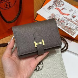 Hermes Bearn Wallet Handmade In Epsom Calfskin Leather Gold Hardware 8F Girs Etain - Image 10