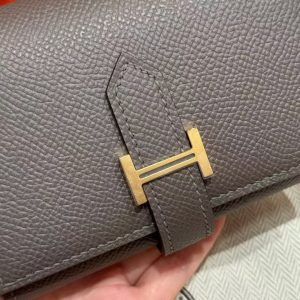 Hermes Bearn Wallet Handmade In Epsom Calfskin Leather Gold Hardware 8F Girs Etain - Image 9