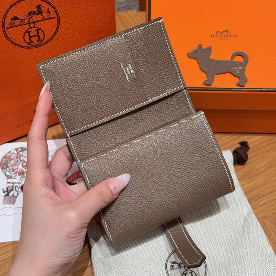 Hermes Bearn Wallet Handmade In Epsom Calfskin Leather Silver Hardware 18 Etoupe - Image 9