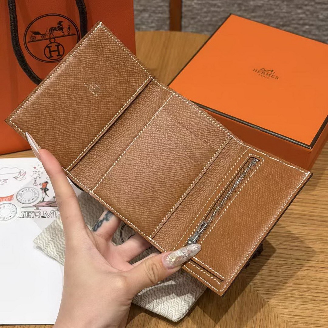 Hermes Bearn Wallet Handmade In Epsom Calfskin Leather Silver Hardware 37 Gold - Image 12