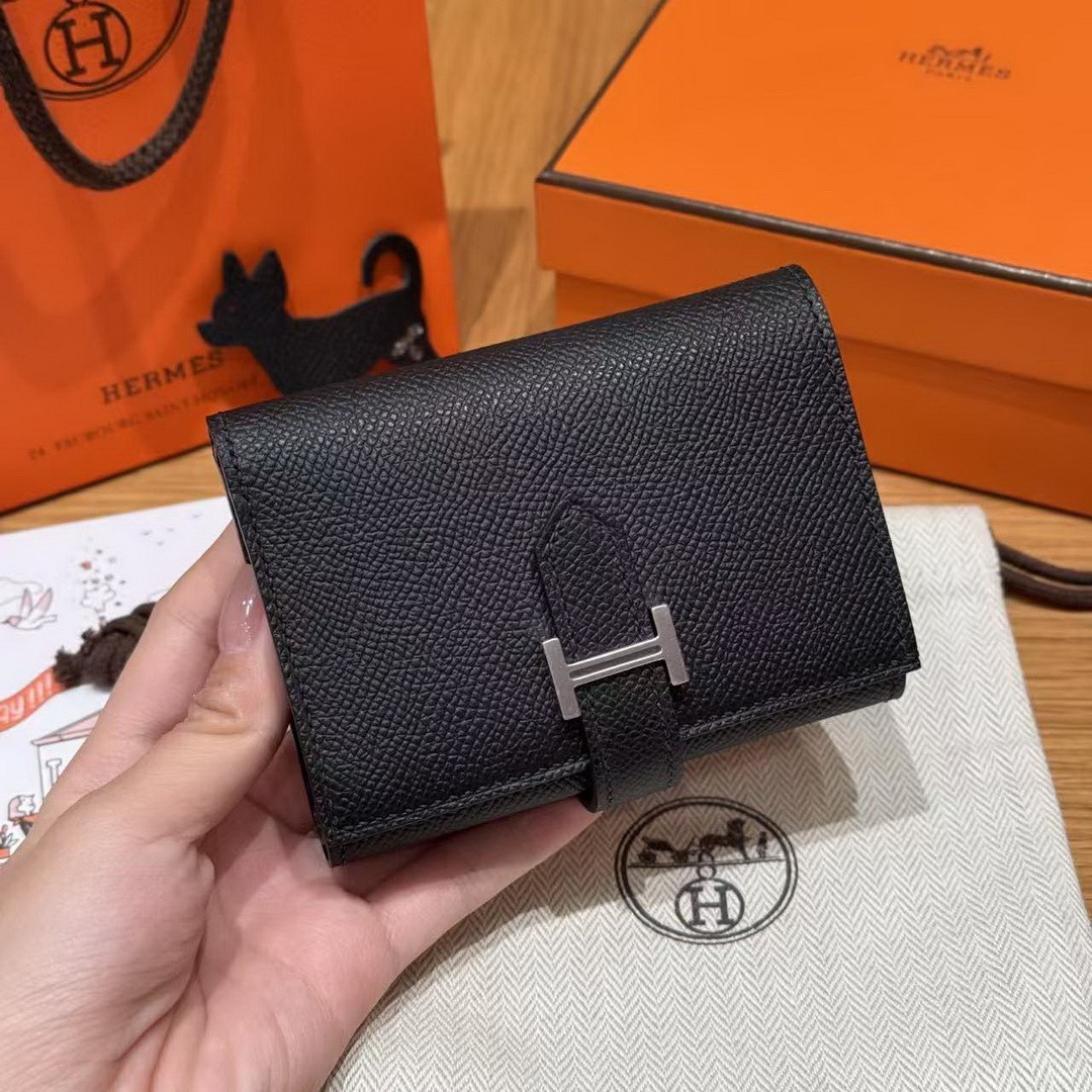 Hermes Bearn Wallet Handmade In Epsom Calfskin Leather Silver Hardware 89 Noir