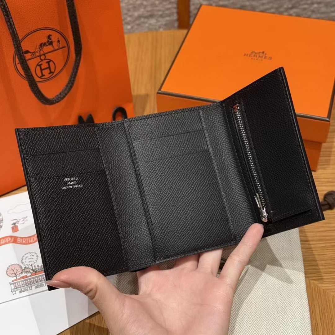 Hermes Bearn Wallet Handmade In Epsom Calfskin Leather Silver Hardware 89 Noir - Image 14
