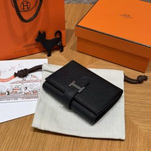 Hermes Bearn Wallet Handmade In Epsom Calfskin Leather Silver Hardware 89 Noir - Image 11