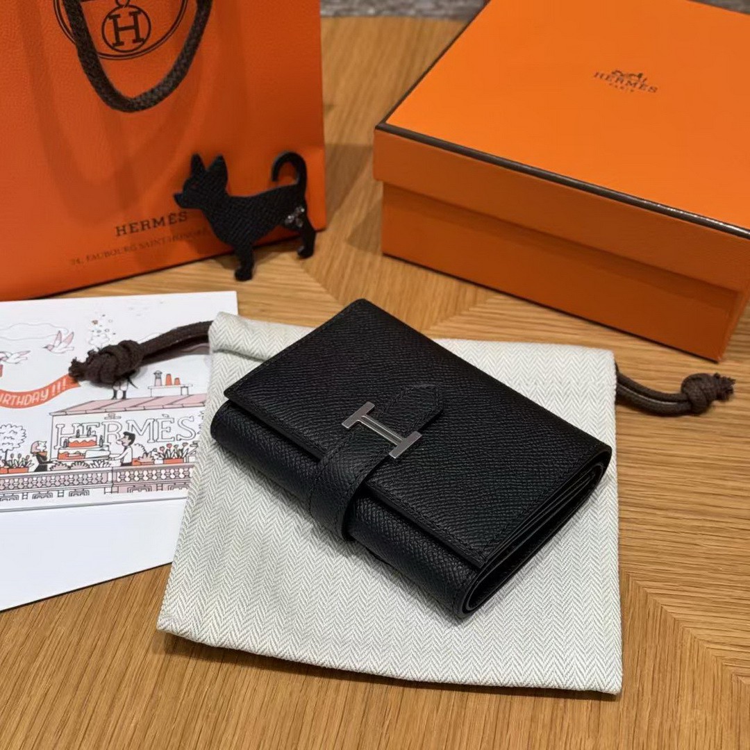 Hermes Bearn Wallet Handmade In Epsom Calfskin Leather Silver Hardware 89 Noir - Image 11