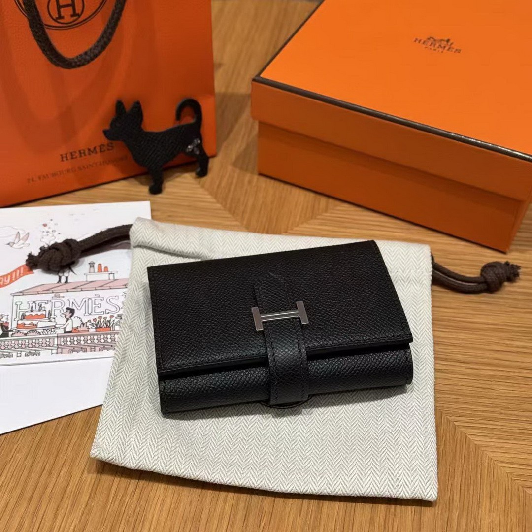 Hermes Bearn Wallet Handmade In Epsom Calfskin Leather Silver Hardware 89 Noir - Image 10