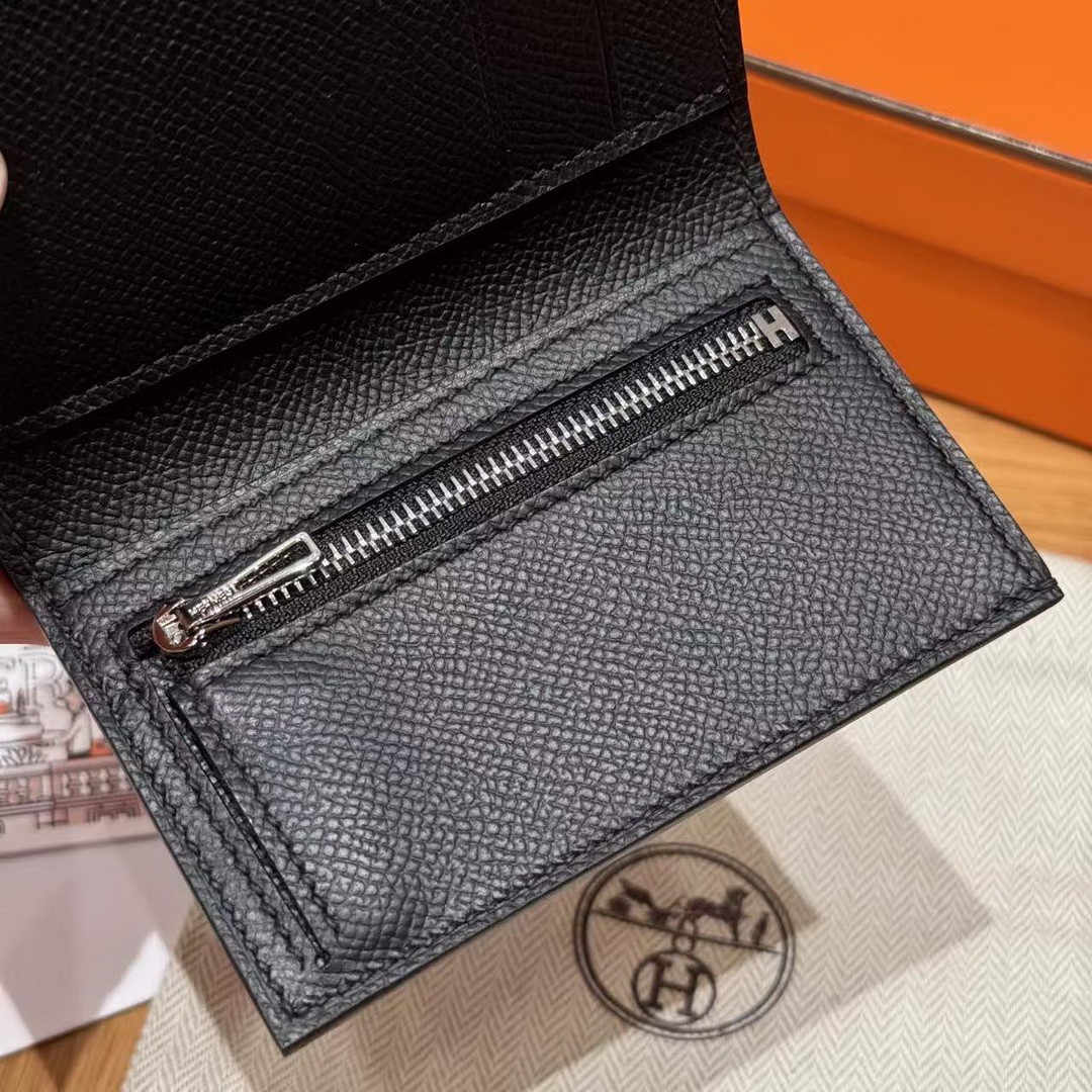 Hermes Bearn Wallet Handmade In Epsom Calfskin Leather Silver Hardware 89 Noir - Image 8
