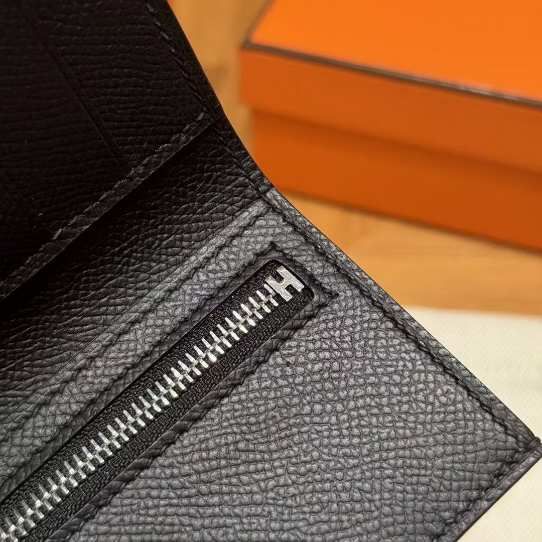 Hermes Bearn Wallet Handmade In Epsom Calfskin Leather Silver Hardware 89 Noir - Image 7