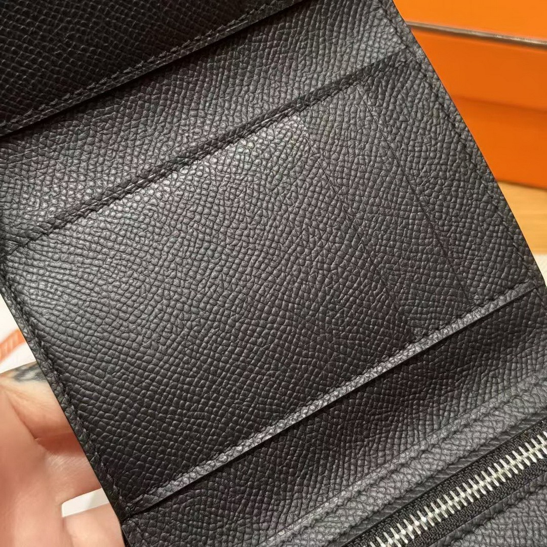 Hermes Bearn Wallet Handmade In Epsom Calfskin Leather Silver Hardware 89 Noir - Image 6