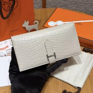 Hermes Bearn Wallet With Gusset Handmade In Alligator Leather Silver Hardware 8L Beton