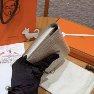Hermes Bearn Wallet With Gusset Handmade In Alligator Leather Silver Hardware 8L Beton - Image 19