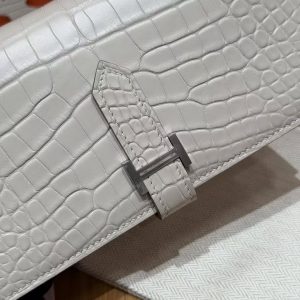 Hermes Bearn Wallet With Gusset Handmade In Alligator Leather Silver Hardware 8L Beton - Image 7