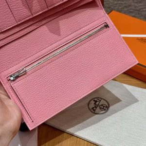 Hermes Bearn Wallet With Gusset Handmade In Chèvre Calfskin Leather Silver Hardware 5p Pink - Image 12