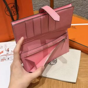 Hermes Bearn Wallet With Gusset Handmade In Chèvre Calfskin Leather Silver Hardware 5p Pink - Image 11
