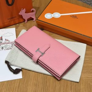 Hermes Bearn Wallet With Gusset Handmade In Chèvre Calfskin Leather Silver Hardware 5p Pink - Image 4